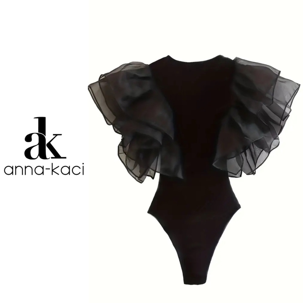 ANNA-KACI Ruched Ruffle Sleeves Bodysuit